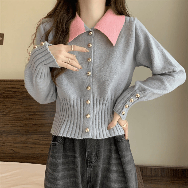 Damen Eleganter Strickpullover mit Kragen und Knopfdetails Drune