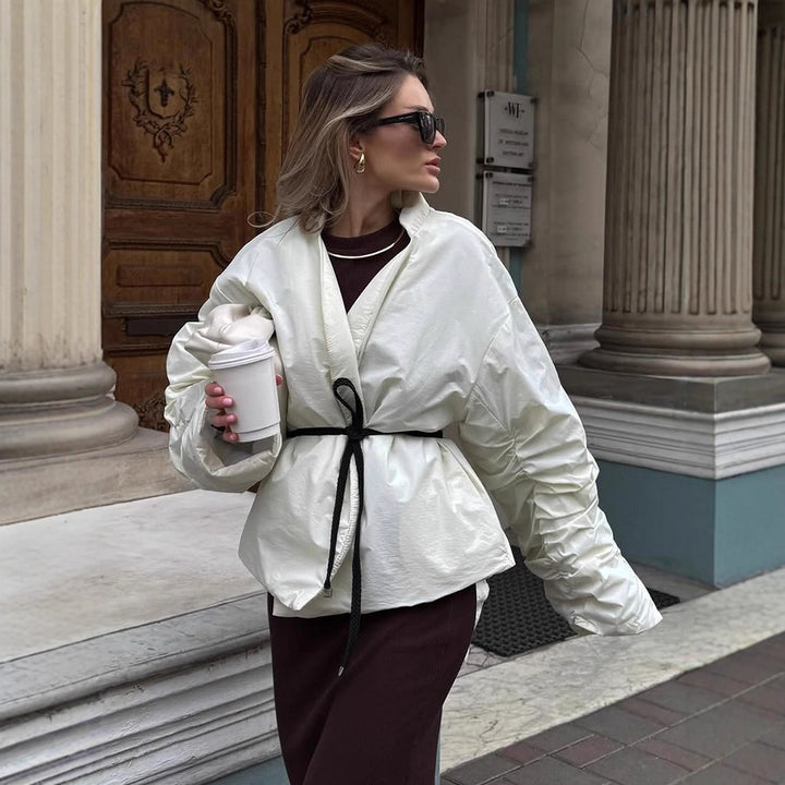Damen lässige kurz geschnittene Jacke mit Taillengürtel und voluminösen Ärmeln Drune