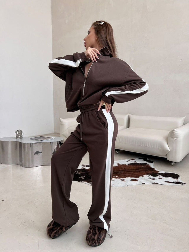 Damen weites Zip-Sweatset mit Kapuze, hohen Bund und seitlichem Kontraststreifen Drune