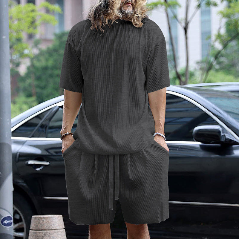 Herren nan modernes geripptes Freizeitset mit weitem Kurzarmshirt und elastischer Tunnelzughose Drune
