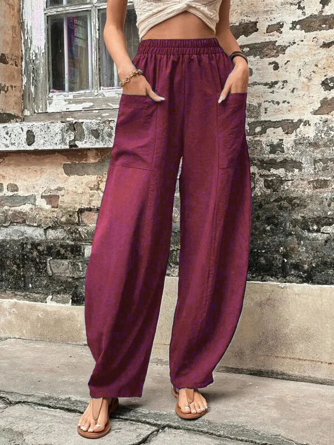 Damen Weite Leinenhose mit elastischem Bund, aufgesetzten Taschen und lässigem Harem-Schnitt Drune