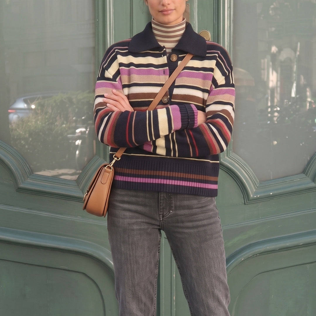 Damen Gestreifter Strickpullover mit Polokragen & Knopfleiste Drune