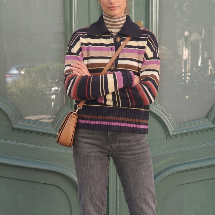 Damen Gestreifter Strickpullover mit Polokragen & Knopfleiste Drune