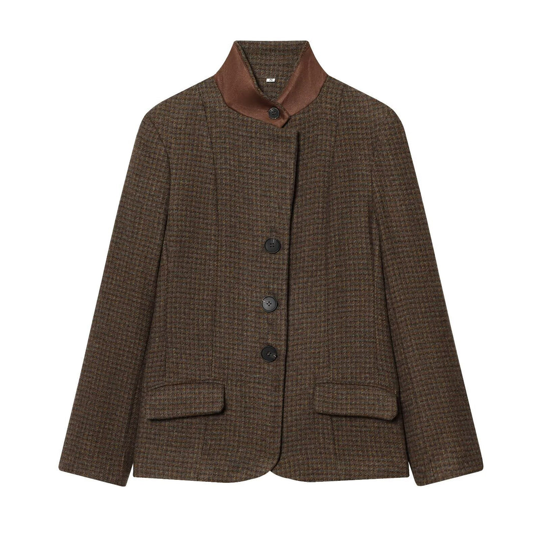 Damen Kurzer Tweedblazer mit Stehkragen, Knopfleiste und Pattentaschen Drune