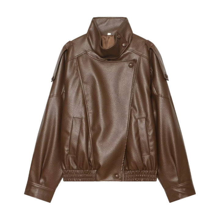 Damen Kunstleder-Bomberjacke mit hohem Stehkragen, asymmetrischem Verschluss und elastischem Saum Drune