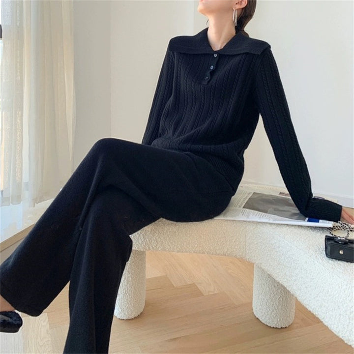 Damen Strickpullover mit weitem Kragen und Knopfleiste Drune