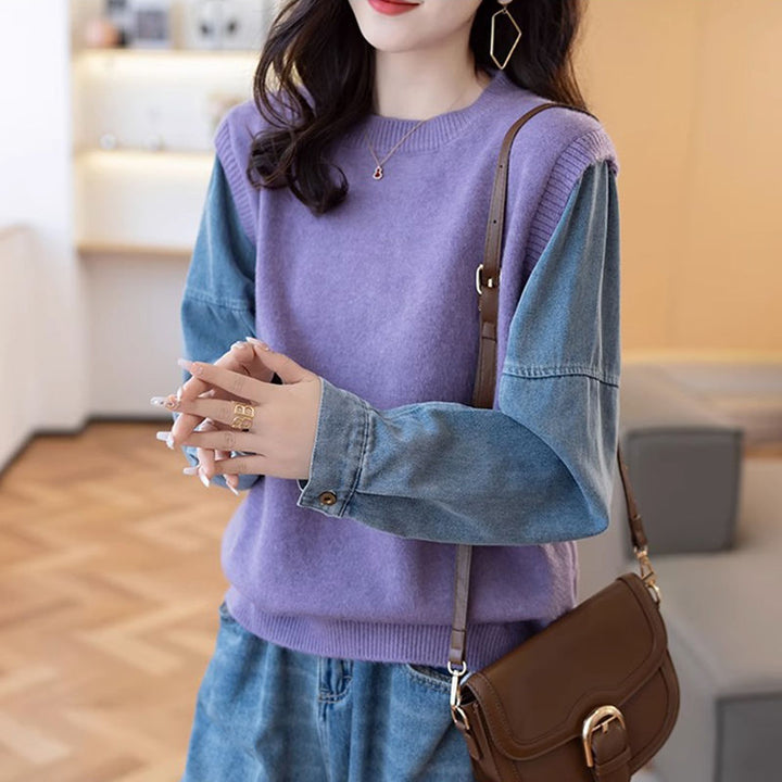 Damen Strickpullover mit Denim-Ärmeln Drune