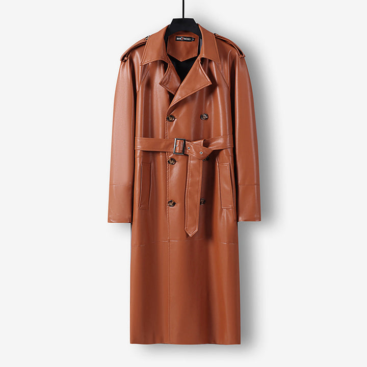Herren Langer Kunstleder-Trenchcoat mit Doppelreiher, Taillengürtel und Schulterklappen Drune
