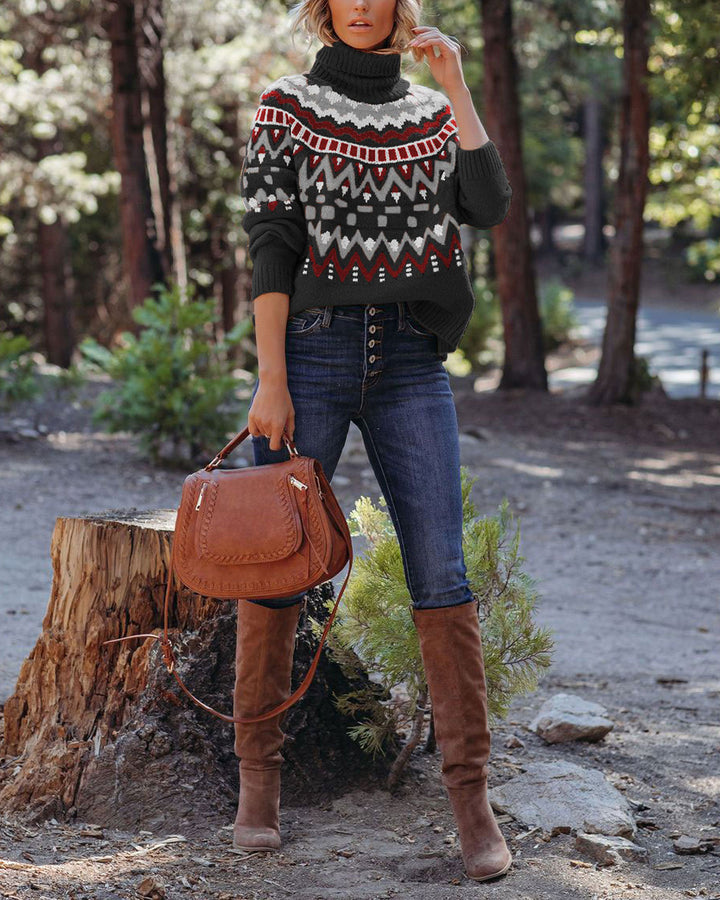 Damen Modischer Strickpullover mit Stehkragen und geometrischem Muster Drune