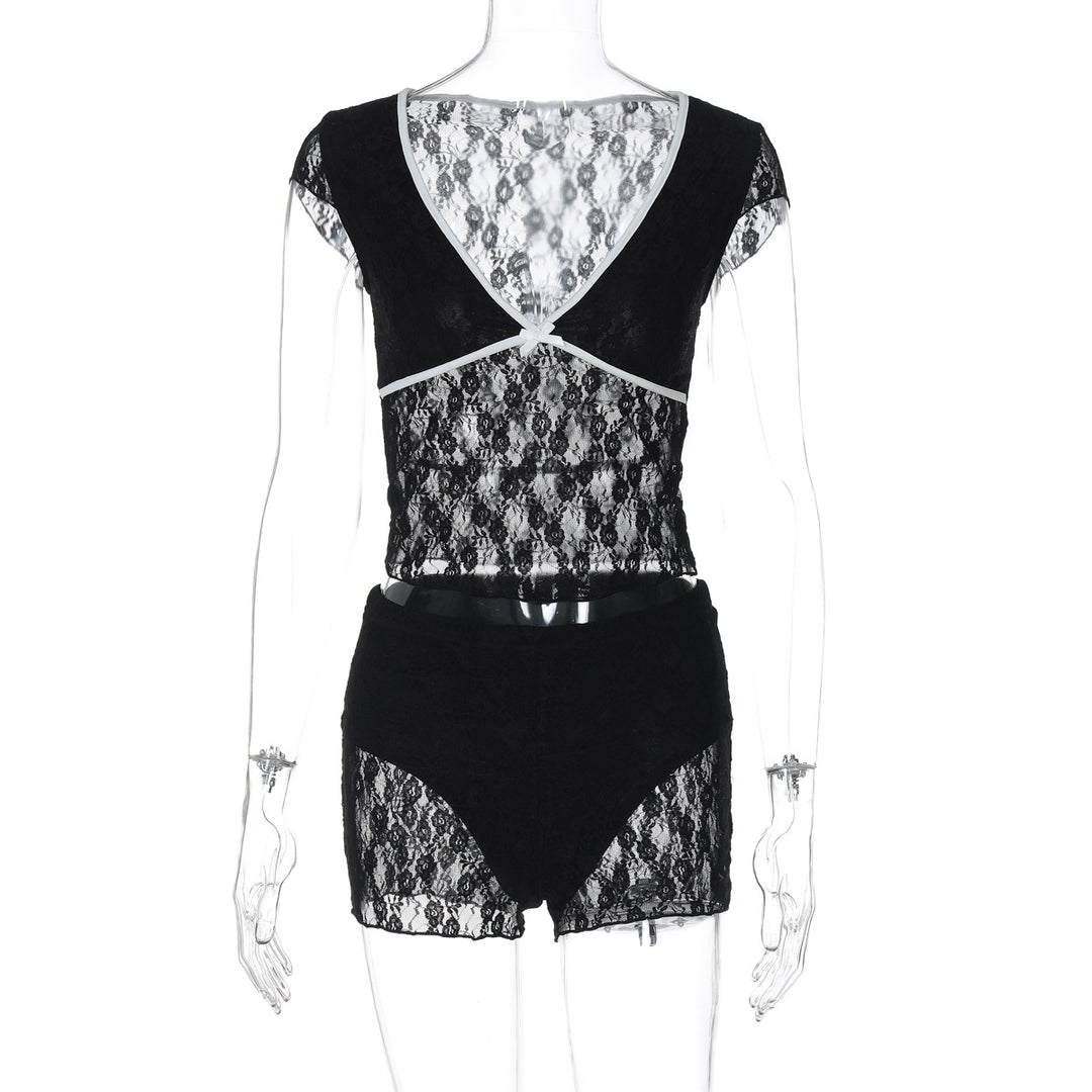 Damen Spitzenoberteil mit Shorts-Set Drune