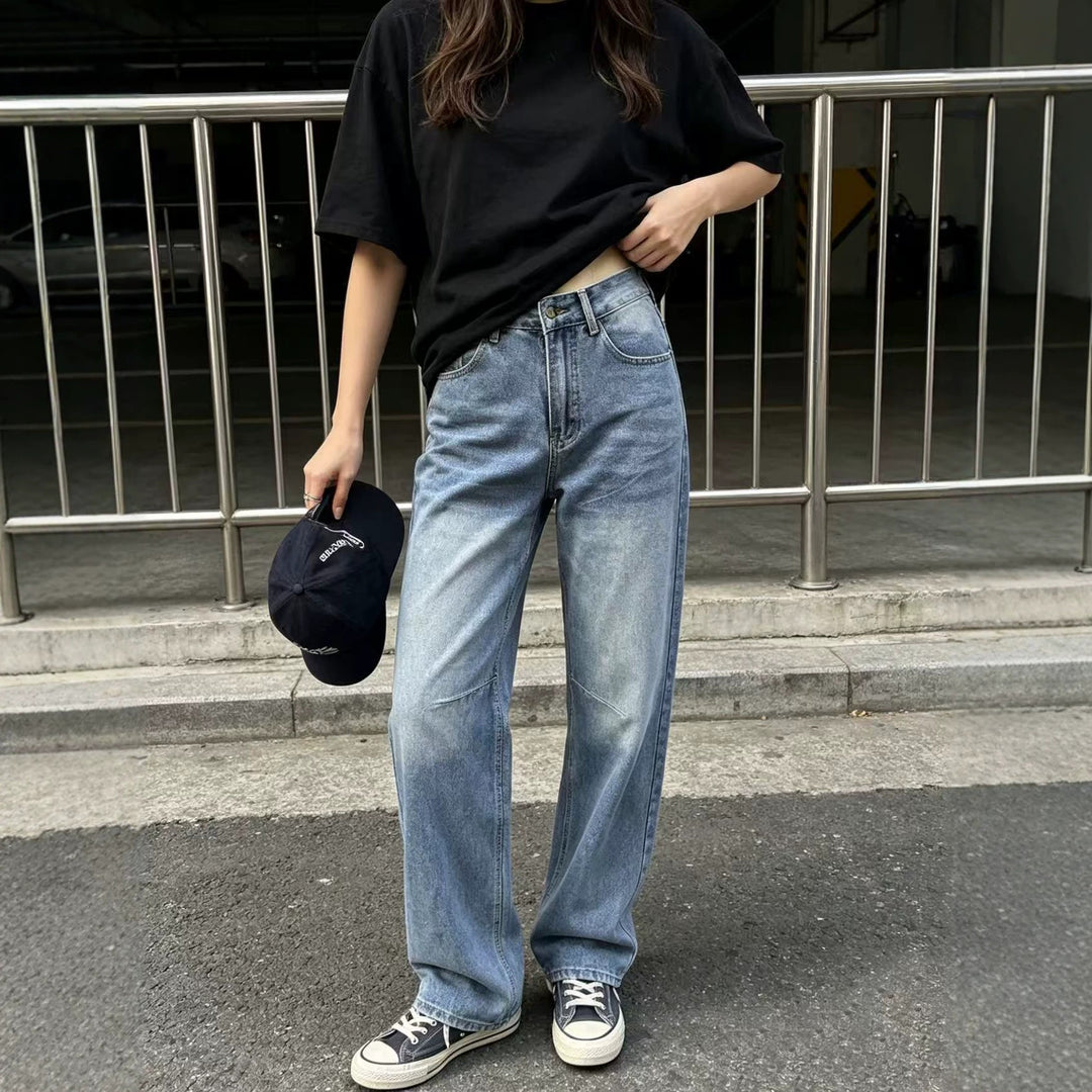 Damen nan hochgeschnittene weite Jeans mit geradem Bein, Knieabnähern und klassischem Five‑Pocket‑Schnitt Drune