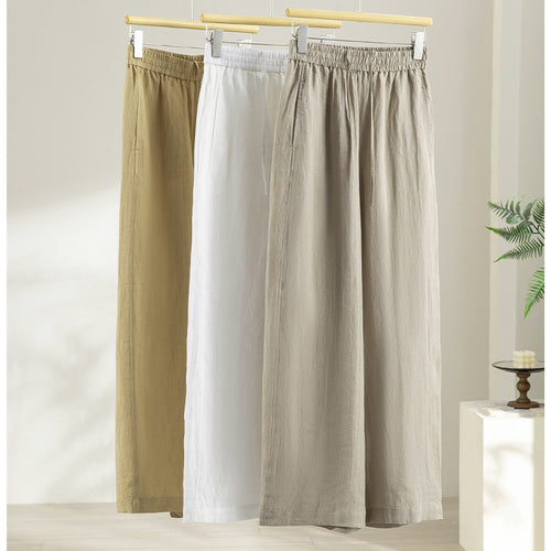 Damen Weite Leinen‑Optik Palazzohose mit elastischem Bund und fließender Silhouette Drune