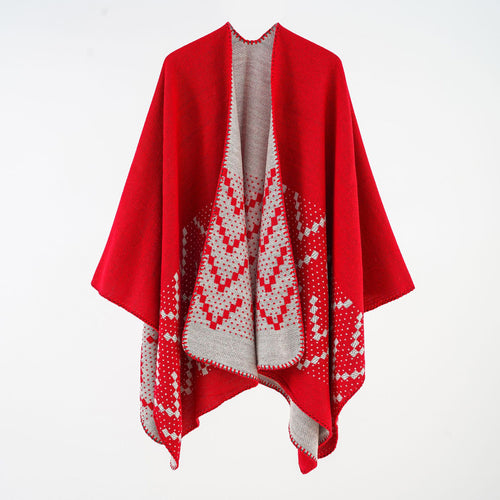 Damen Wendbarer Strickponcho mit Jacquardmuster und Zierkettelnaht Drune