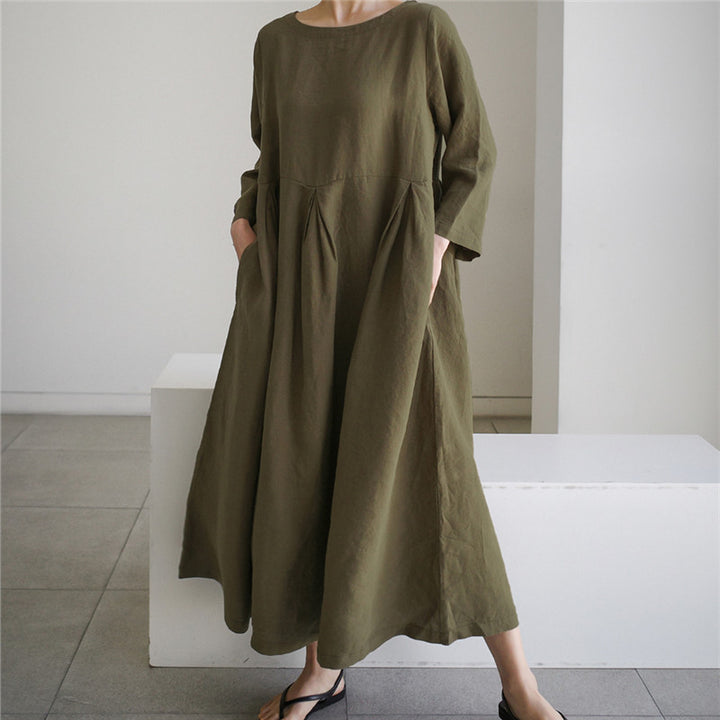 Damen Maxi-Kleid aus Leinen mit Teilnaht, sanften Faltenfall und Langarm Drune