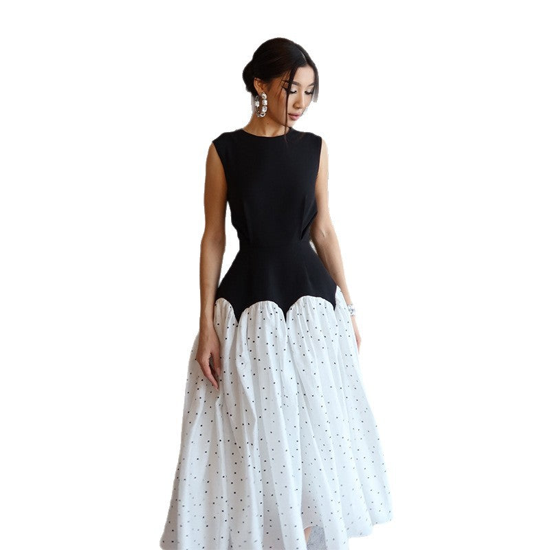 Damen elegantes Maxikleid mit gepunktetem Rockteil und tailliertem Oberteil Drune