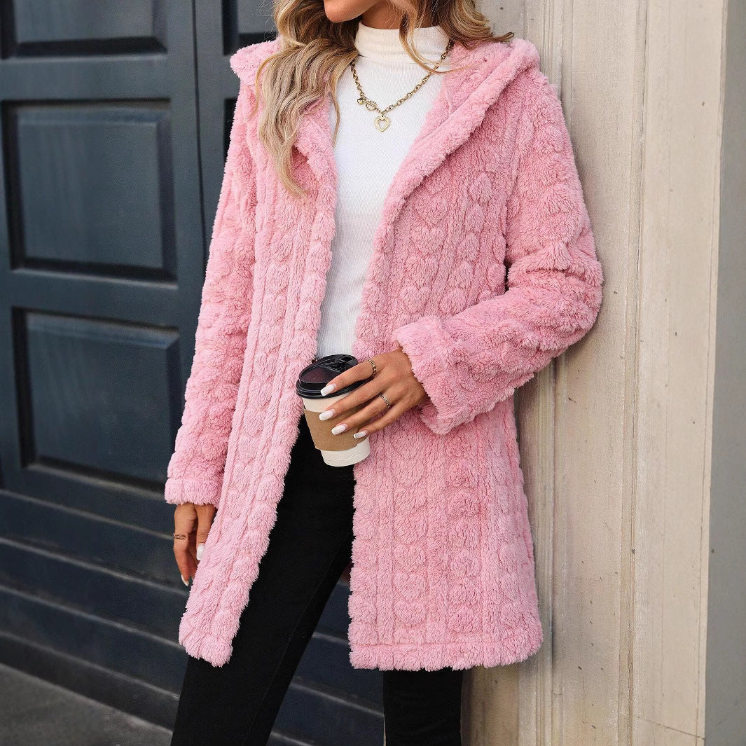 Damen Plüschjacke mit Hoodie und strukturiertem Design Drune