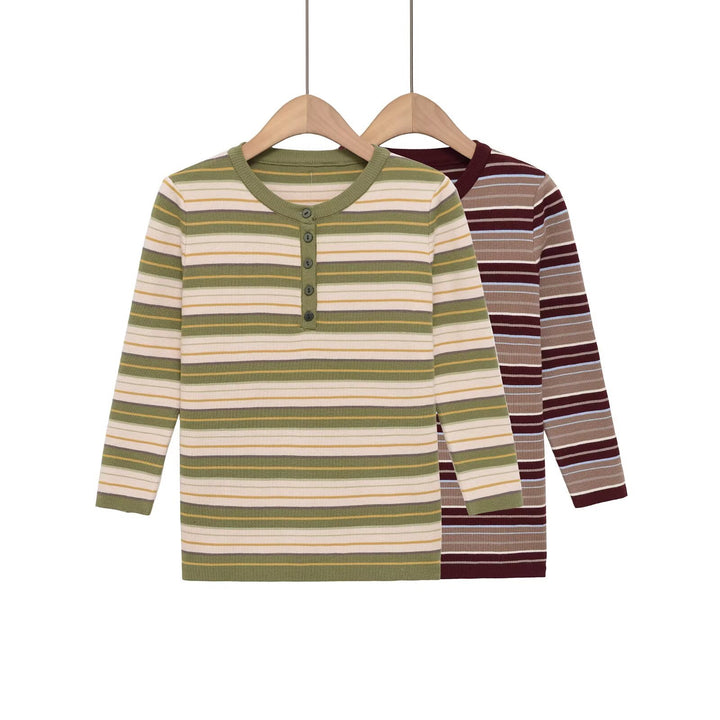 Damen Gestreiftes Rippstrick-Henleyshirt mit Knopfleiste und schmaler Passform Drune