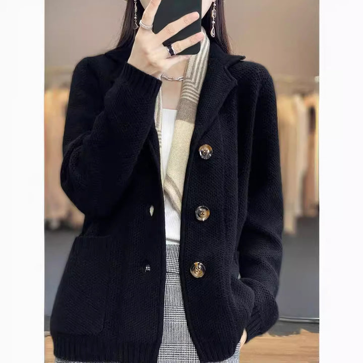 Damen kuschelige Strickjacke mit großen Taschen und elegantem Knopfverschluss Drune