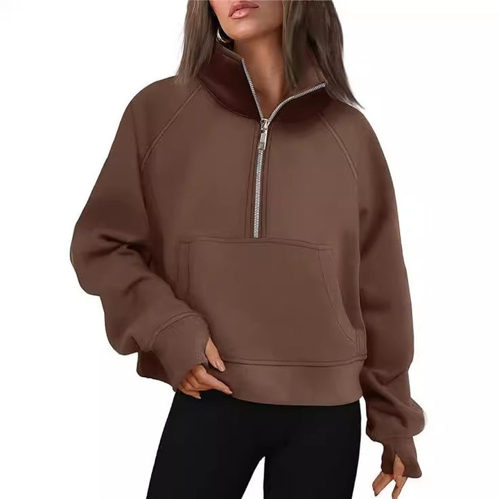 Damen nan cropped Halbzip-Sweatshirt mit hohem Stehkragen, Kängurutasche und überschnittener Schulter Drune
