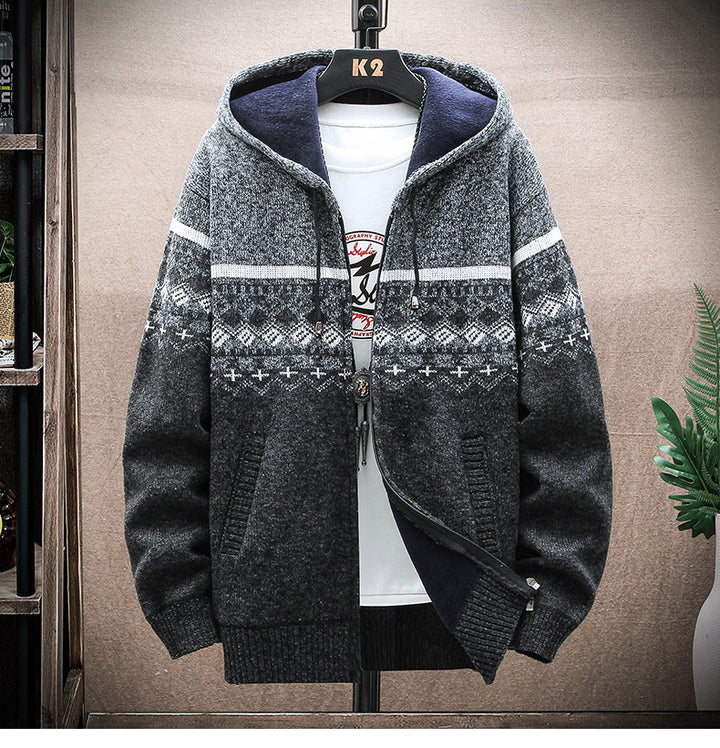 Herren Kapuzen-Strickzipjacke mit Norweger-Jacquard und weichem Futter Drune