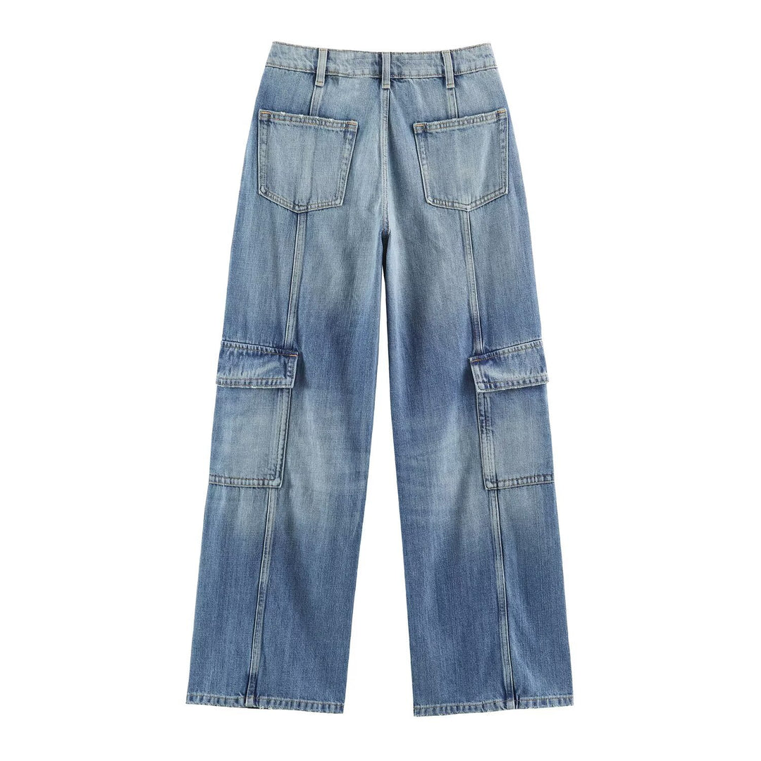 Damen Weite Cargo-Jeans mit hohem Bund, aufgesetzten Pattentaschen und Ziernähten Drune