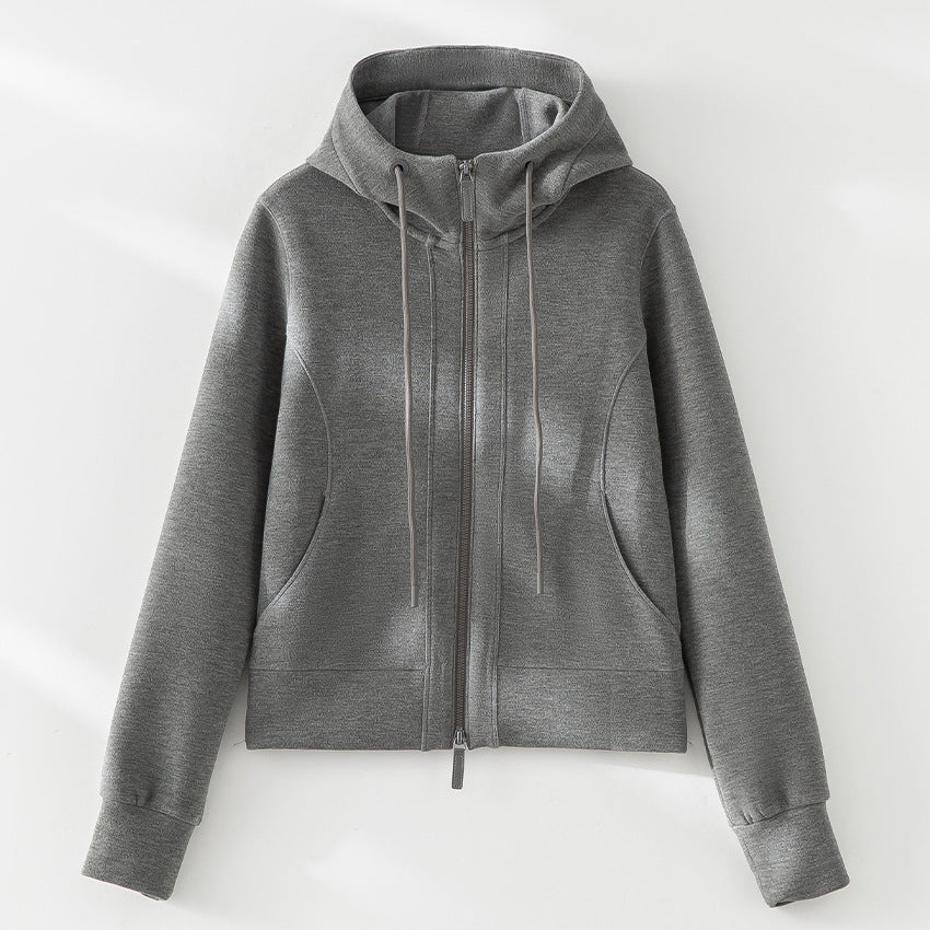 Damen Kurze Kapuzen-Sweatjacke mit Zwei-Wege-Reißverschluss und Kängurutaschen Drune