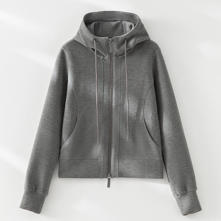 Damen Kurze Kapuzen-Sweatjacke mit Zwei-Wege-Reißverschluss und Kängurutaschen Drune