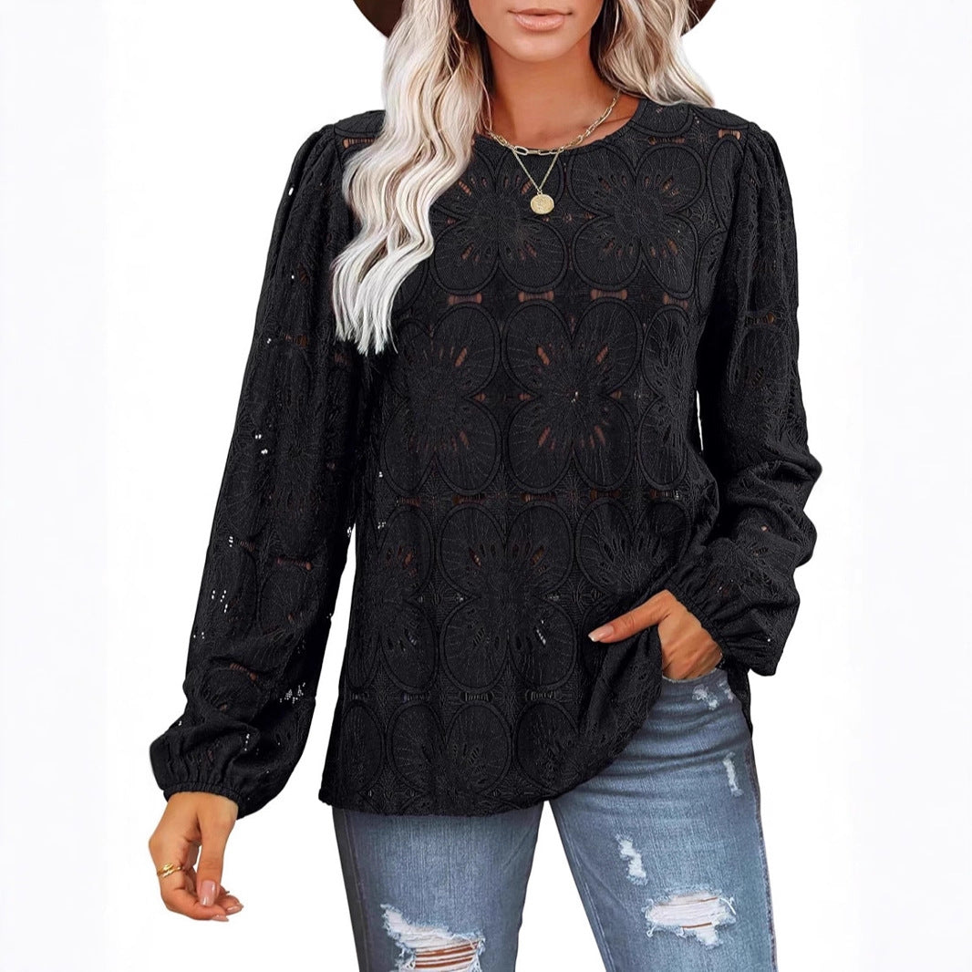 Damen Spitzenbluse mit floraler Häkelstickerei, Rundhals und langen Ballonärmeln Drune