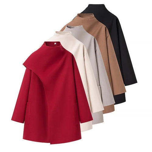 Damen 40+ asymmetrischer Wollmix Cape‑Mantel mit Stehkragen Drune