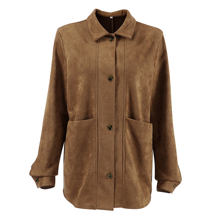 Damen Modische Wildlederjacke mit Druckknopfverschluss und praktischen Taschen Drune