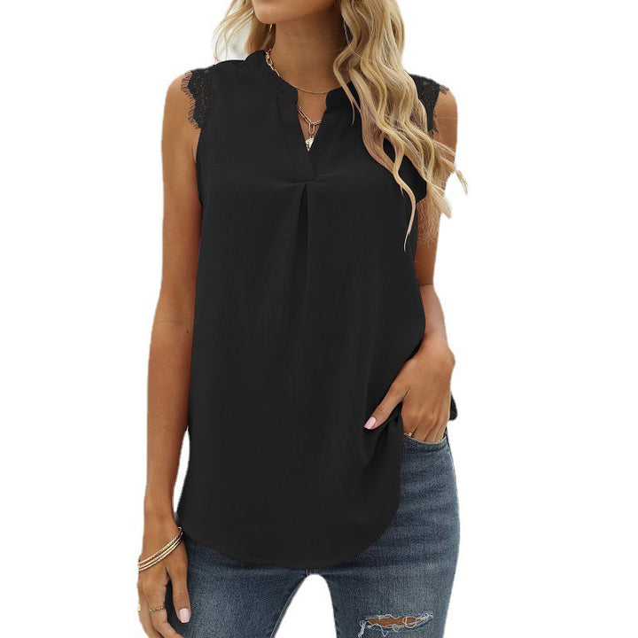 Damen ärmelloses Blusenshirt mit elegantem Spitzeneinsatz und modischen Falten Drune
