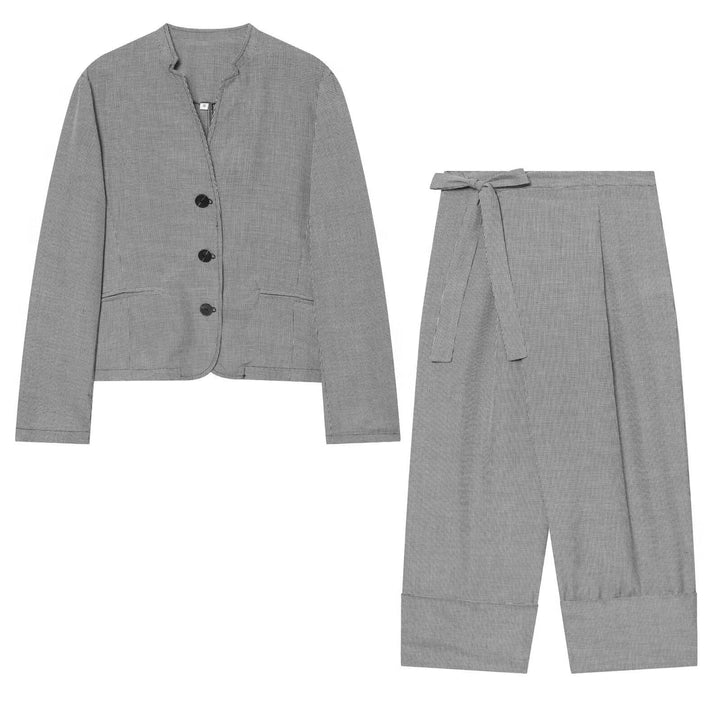 Damen Kurzblazer im Hahnentritt‑Muster mit Stehkragen und taillierter Cropped‑Silhouette Drune