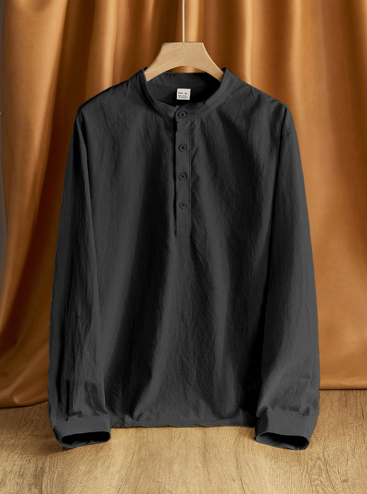 Herren Leinen-Mix Langarmshirt Henley mit Stehkragen Drune