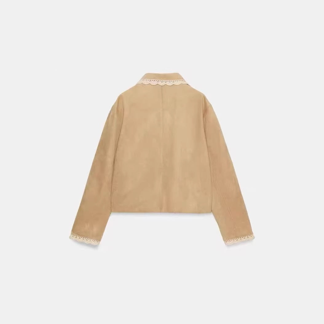 Damen Kurzjacke mit Häkelspitzenkragen und Spitzenmanschetten Drune