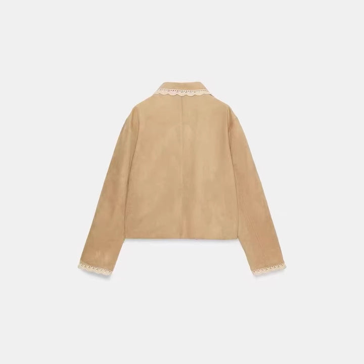 Damen Kurzjacke mit Häkelspitzenkragen und Spitzenmanschetten Drune