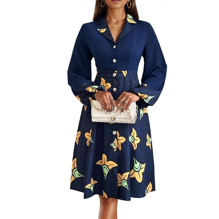 Damen Elegantes Midi-Kleid mit floralem Muster und Knopfleiste Drune