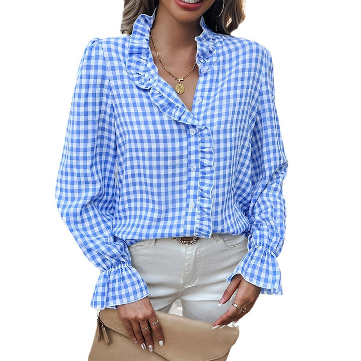 Damen Karierte Bluse mit Rüschendetails und Knopfleiste Drune