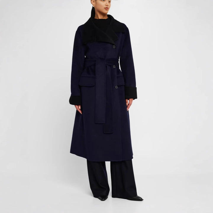 Damen Taillierter Wollmix-Mantel mit Bindegürtel, kontrastiertem Revers und Pattentaschen Drune