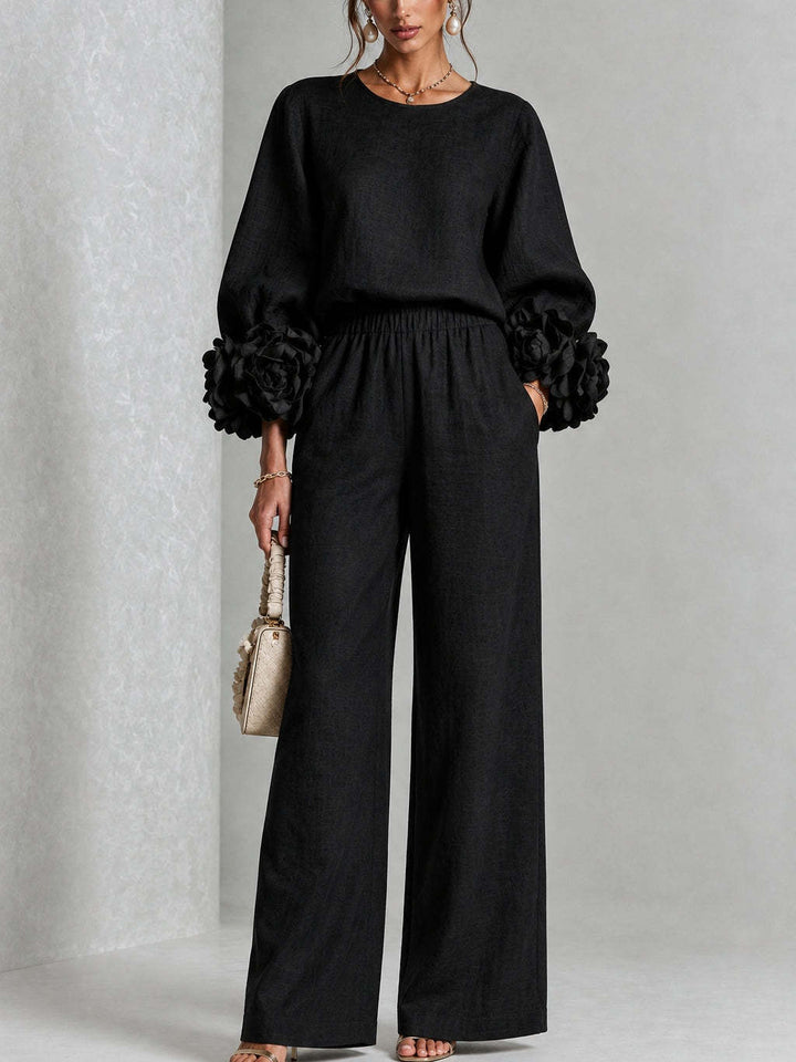 Damen Zweiteiliges Ensemble mit Ballonärmeln und Blumenmanschetten Drune
