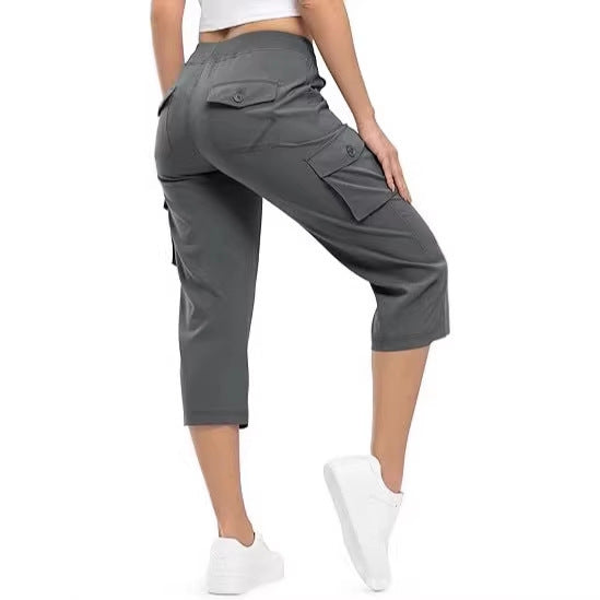 Damen Capri Cargo-Hosen in Bermuda-Länge mit hoher Taille und aufgesetzten Klappentaschen Drune