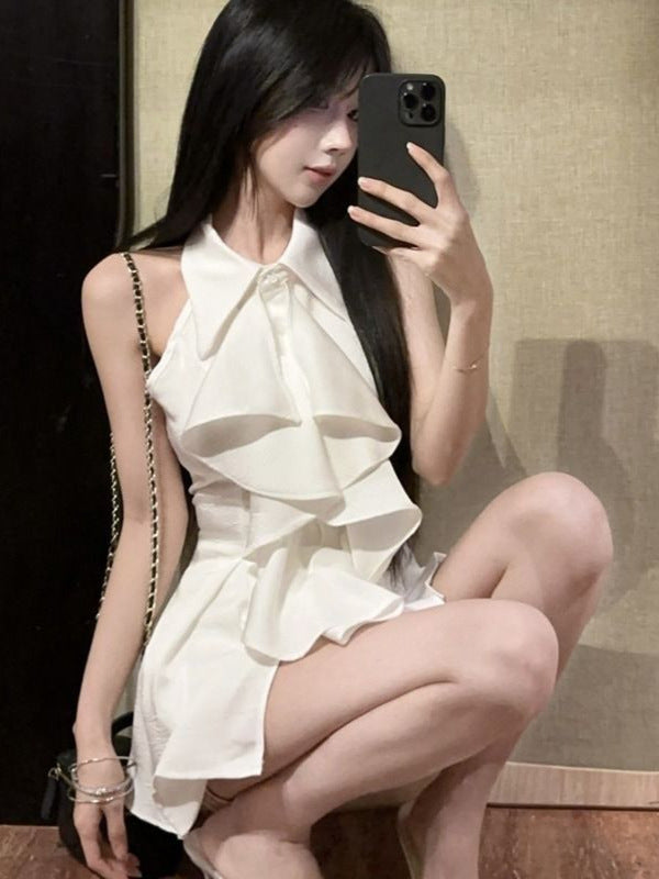 Damen Chiffon Kleid mit voluminösen Rüschendetails und elegantem Stehkragen Drune