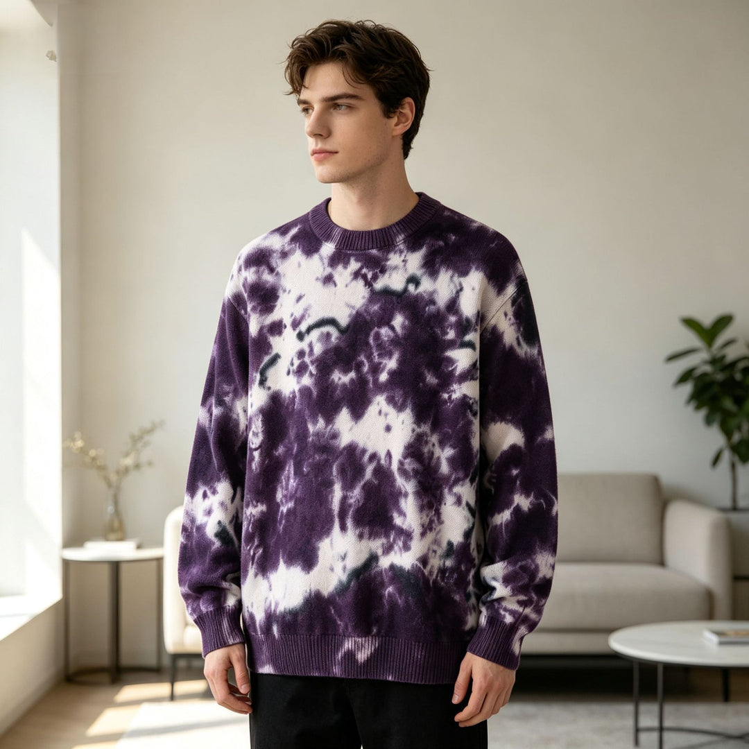 Herren Oversized Batik-Pullover mit Rundhalsausschnitt und Rippbündchen Drune