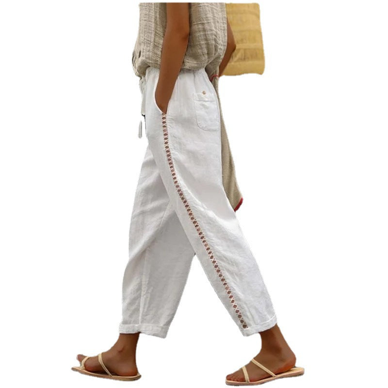 Damen Leichte Leinenhose mit seitlichen Knopfdetails Drune