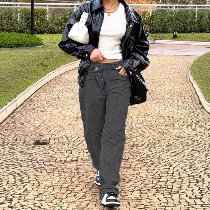 Damen hochgeschnittene locker sitzende Jeans mit weitem Bein und asymmetrischer Knopfleiste Drune