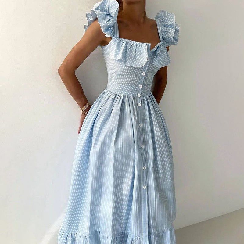 Damen Maxikleid mit Rüschendetails und Knopfleiste Drune