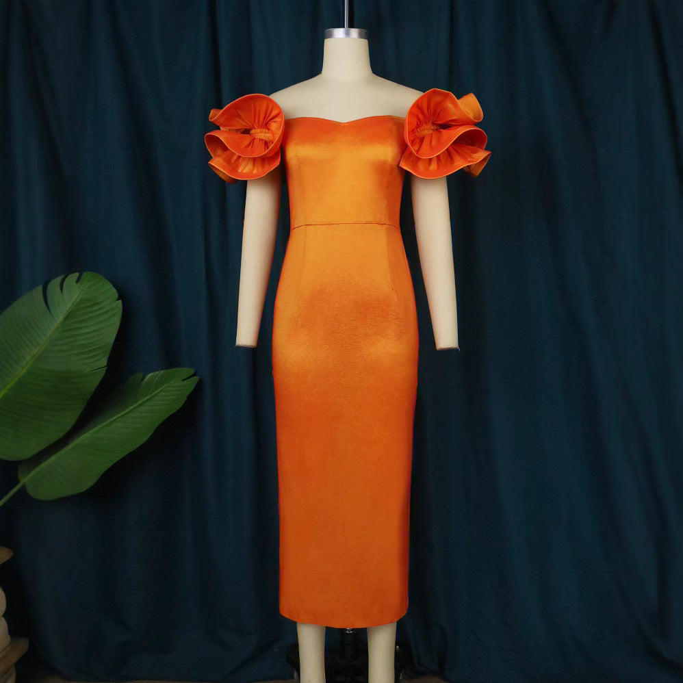 Damen figurbetontes Abendkleid mit voluminösen Rüschenträgern Drune