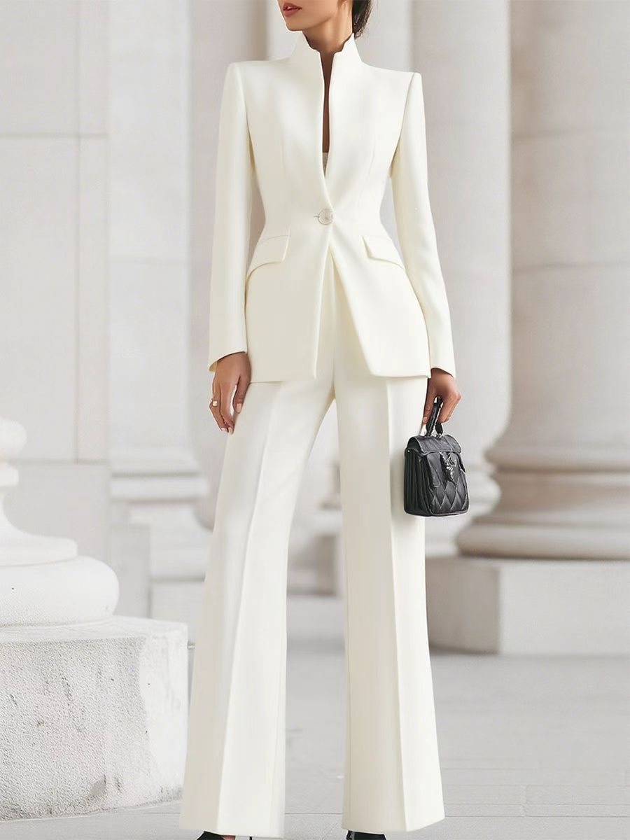 Damen Taillierter Blazer mit Stehkragen und High‑Waist ausgestellte Hose Drune