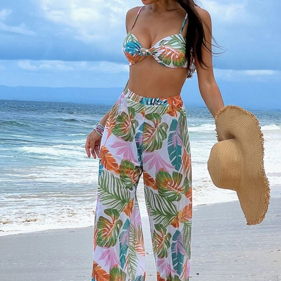Damen Bikini-Set mit floralem Design und transparentem Überrock Drune