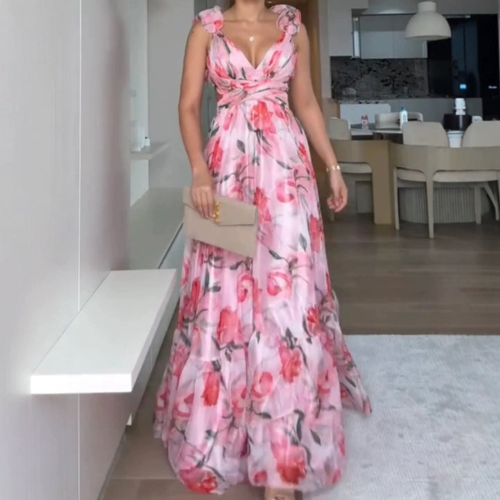 Damen Maxi-Kleid mit floralen Rüschen und schwingendem Design Drune