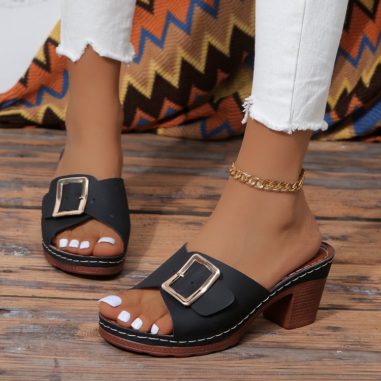 Damen Offene Slip-On Mules mit mittelhohem Blockabsatz und großer Zierschnalle Drune